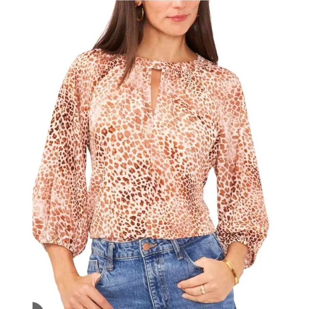 Vince Camuto Brn Animal Print/Metallic 3/4 Slv Blouse, Round Neck/V, NWOT, M